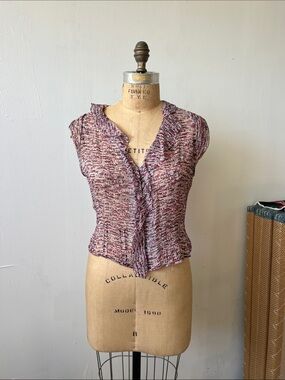 Calvin Klein Pink Multi-Pattern Ruffled Cap-Sleeve Silk Blouse US8‎